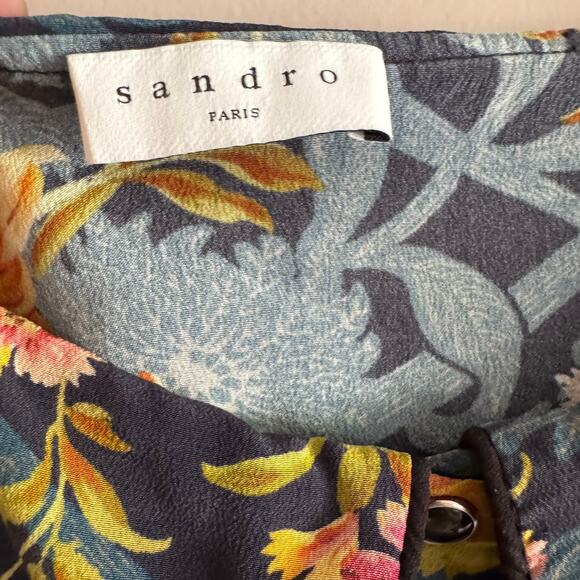 Sandro Paris Matti Floral-Print Silk Midi Dress Bow Shoulder Size EU 36, US 4 - Picture 5 of 11
